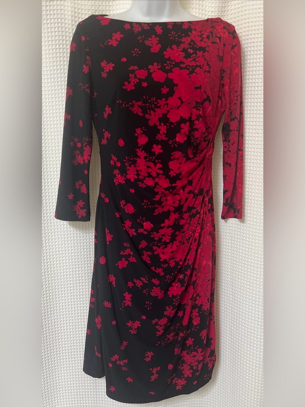 Chaps Dress Womens S Black Pink Floral Side Drape Faux Wrap 3/4 Sleeves Stretch